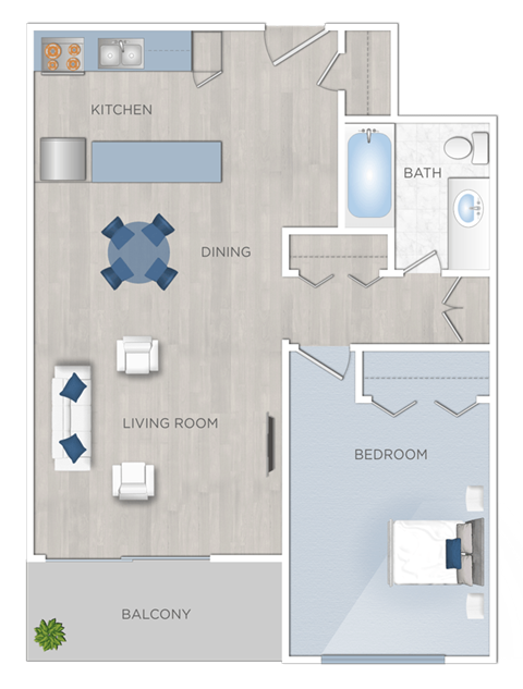 Floor plan for 1 bed, 1 bath, 588 sqft